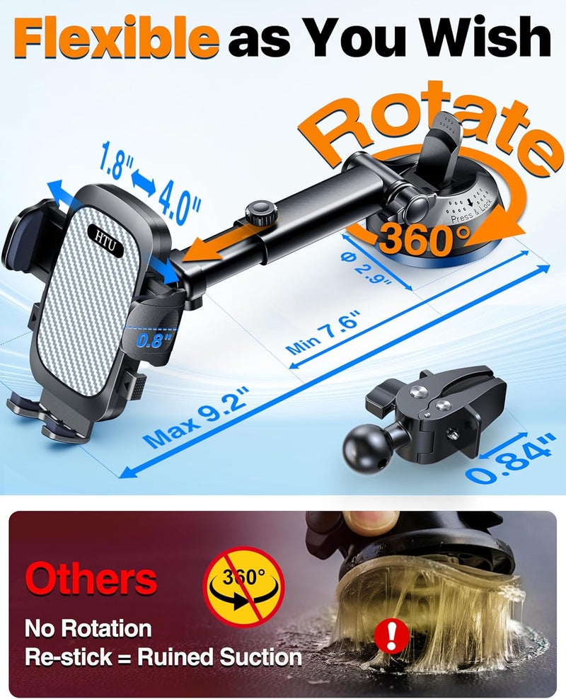 HTU 2026 Ultimate Best【True Military-Grade & Safety Cert】Car Phone Holder 【Upgraded 5-in-1 & 100+LBS Strongest Suction】360 Rotation Truck Windshield Dashboard Vent Mount Stand for iPhone Android, Grey - Image 4
